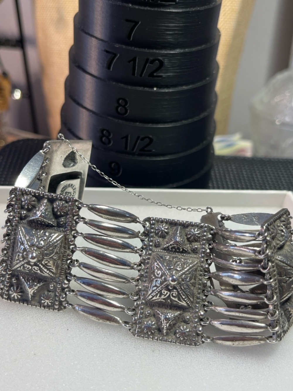 Vintage 925 Doval Mexican panel / ladder bracelet with security chain